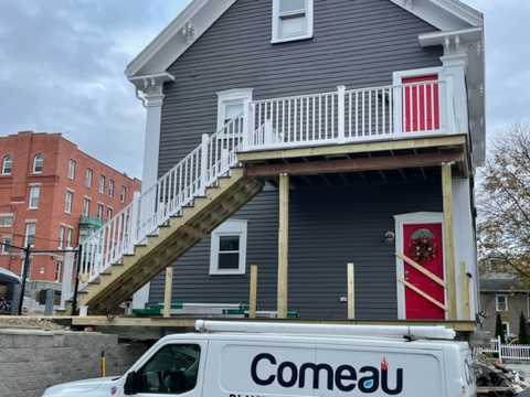 Multi-level deck with stairs built in Haverhill, MA.